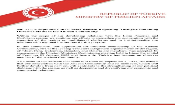 Press Release Regarding Türkiye’s Obtaining Observer Status in the Andean Community